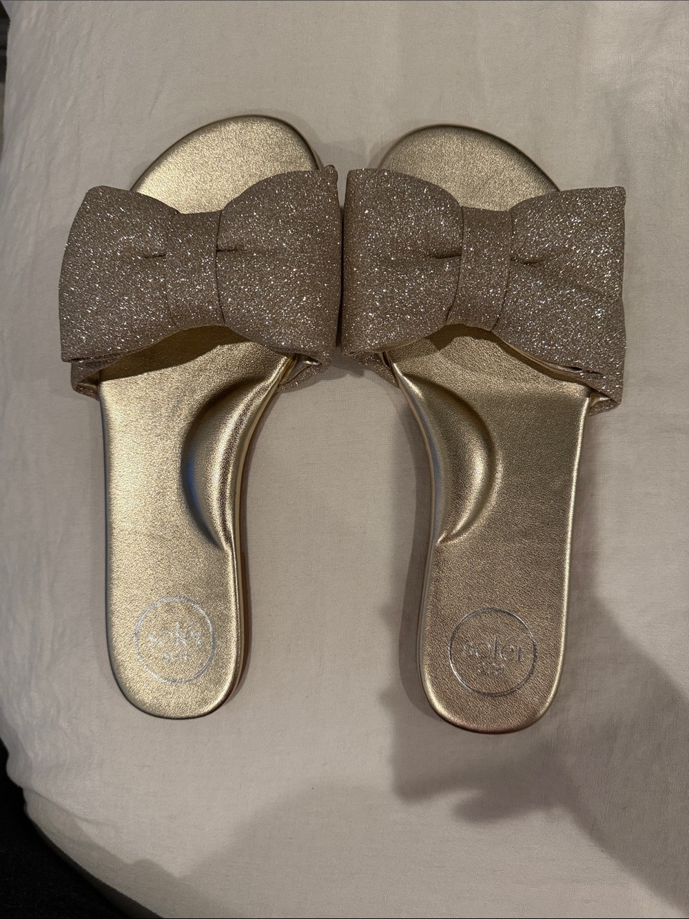 Rafie - Starry Bow Gold Bow Slides by Solei Sea - Women's Glitter Bow Slides